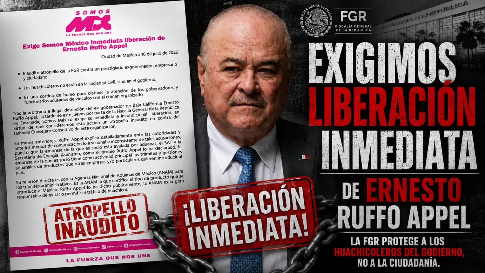 Exige Somos México inmediata liberación de Ernesto Ruffo Appel