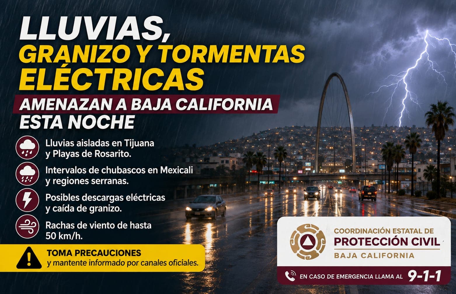 Lluvias, granizo y tormentas eléctricas amenazan a Baja California esta noche