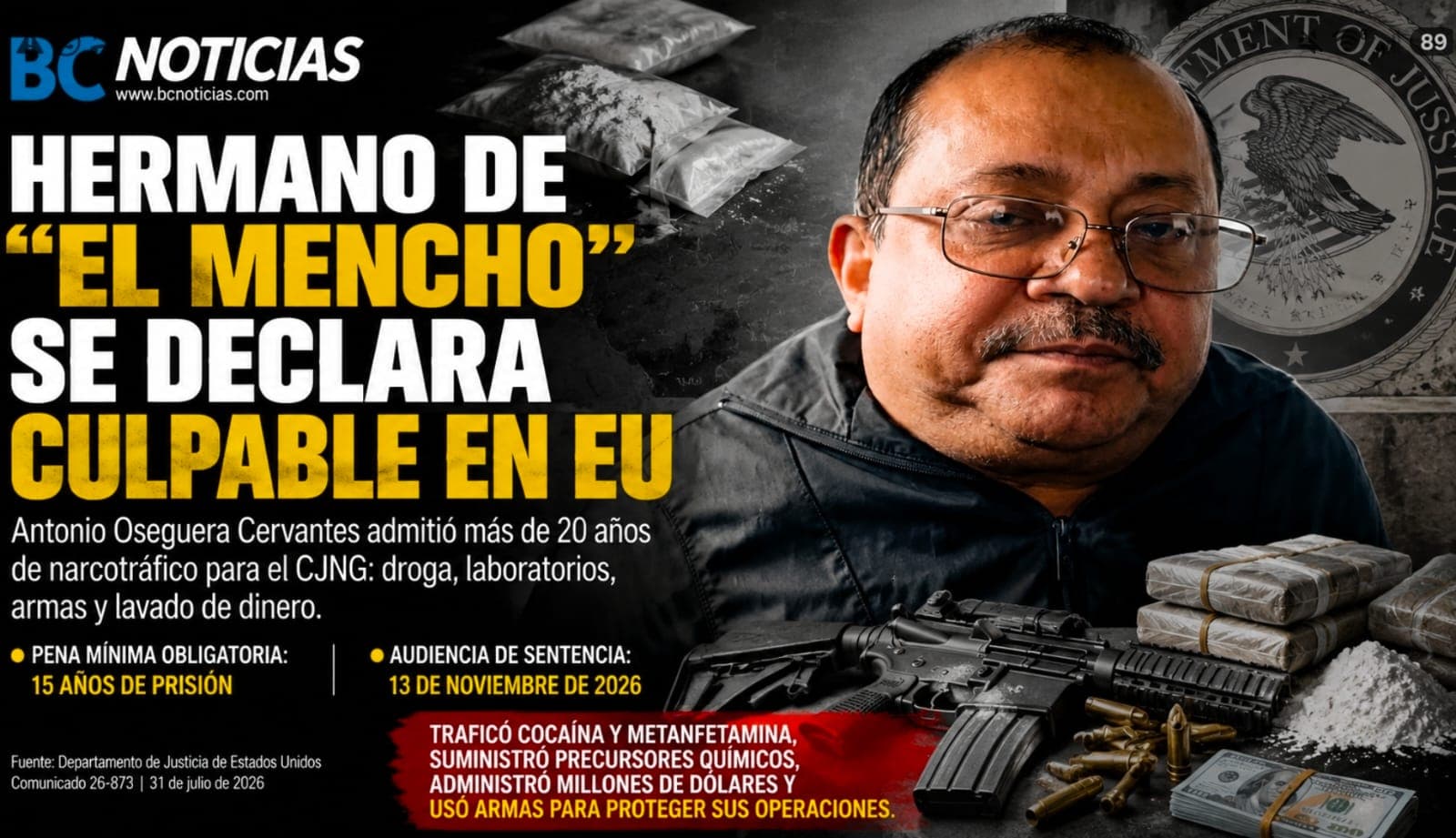 Hermano de "El Mencho" se declara culpable en EU: operó droga, laboratorios y dinero del CJNG