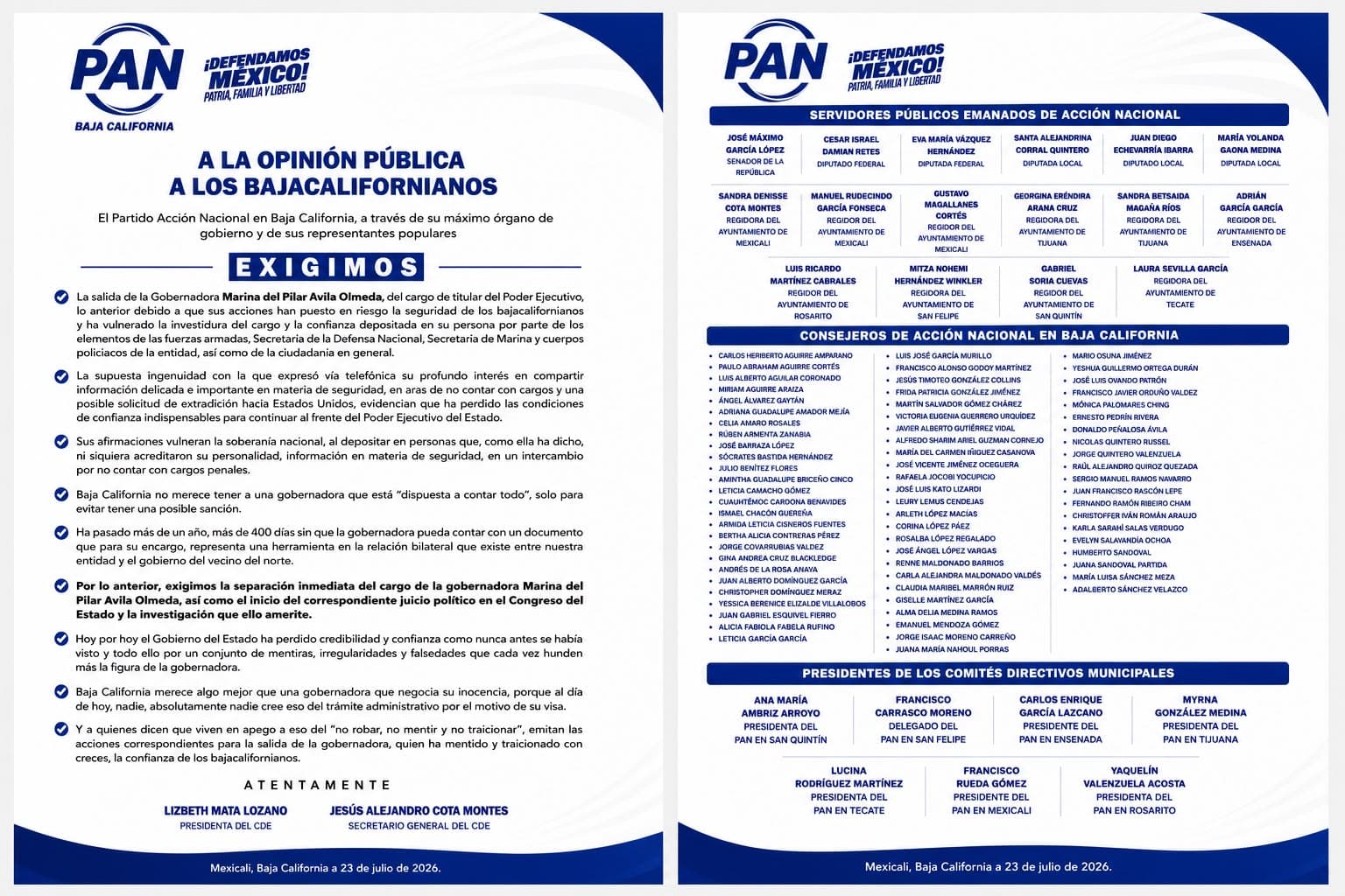 PAN exige separación inmediata de Marina del Pilar y plantea juicio político